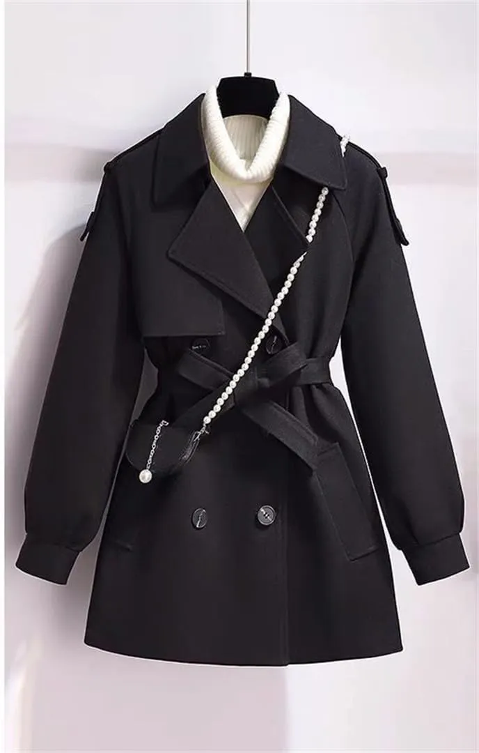Autumn And Winter Mid-Length Women's Wool Blends Coat Double-Breasted Slim Waistband Jacket Formal