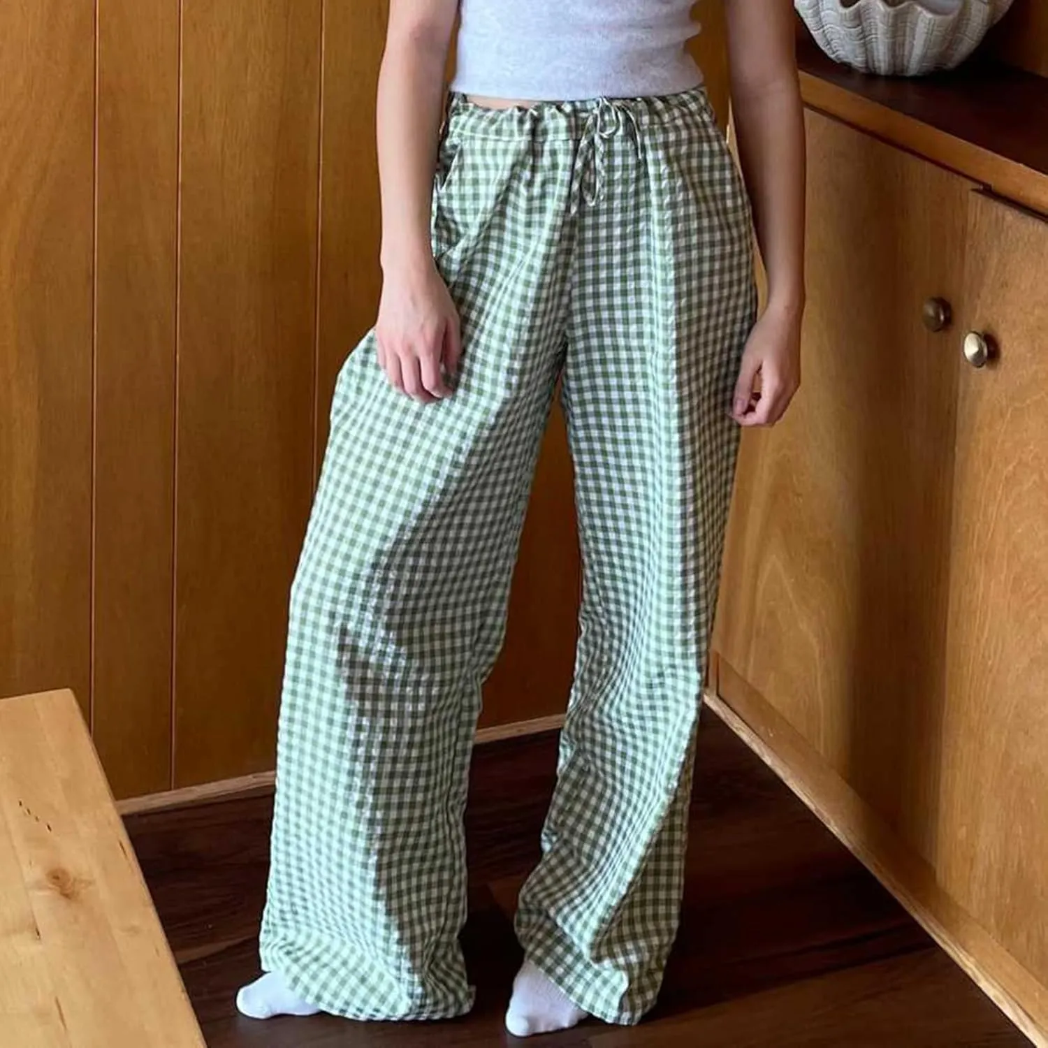 Awoscut Women's Elastic High Waist Y2K Fashion Pants Striped Print Straight Casual Wide Leg Trousers Lounge Pants Bottom