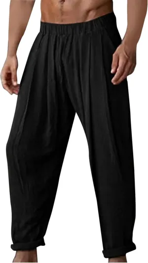 Aymnlox Mens Cotton Linen Pants Solid Color Loose Fit Chino Trousers Elastic Waist Tapered Parachute Casual Pants with Pocket