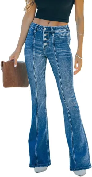 Azuki Flare Pants Ripped Bell Bottom Jeans for Women High Waisted Classic Flared Denim Pants with Pockets