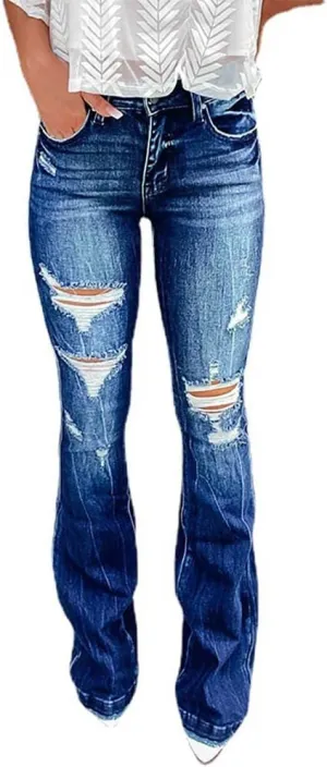 Azuki Flare Pants Ripped Bell Bottom Jeans for Women High Waisted Classic Flared Denim Pants with Pockets