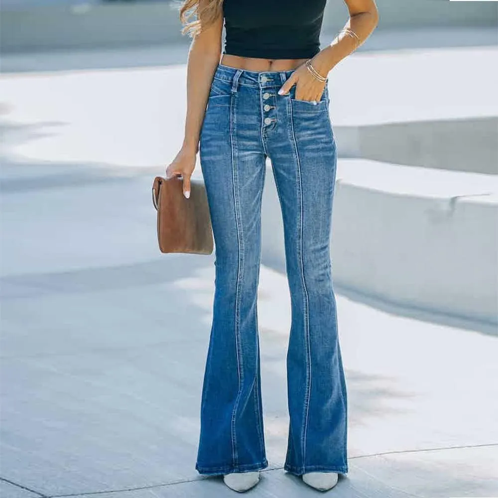 Azuki Flare Pants Ripped Bell Bottom Jeans for Women High Waisted Classic Flared Denim Pants with Pockets
