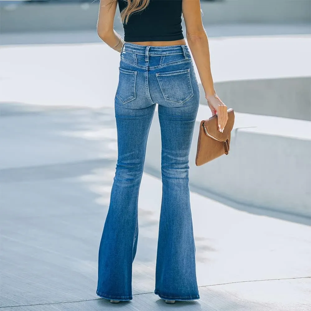 Azuki Flare Pants Ripped Bell Bottom Jeans for Women High Waisted Classic Flared Denim Pants with Pockets