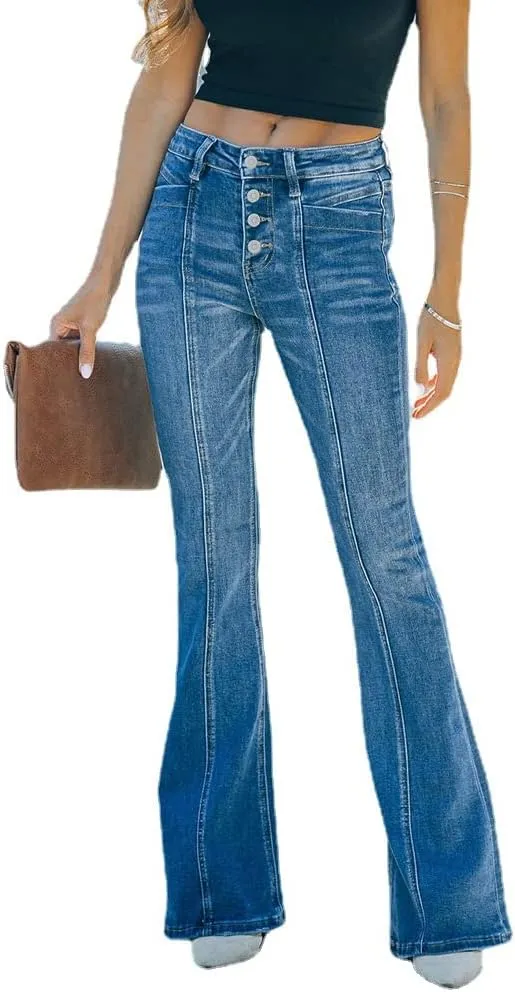 Azuki Flare Pants Ripped Bell Bottom Jeans for Women High Waisted Classic Flared Denim Pants with Pockets