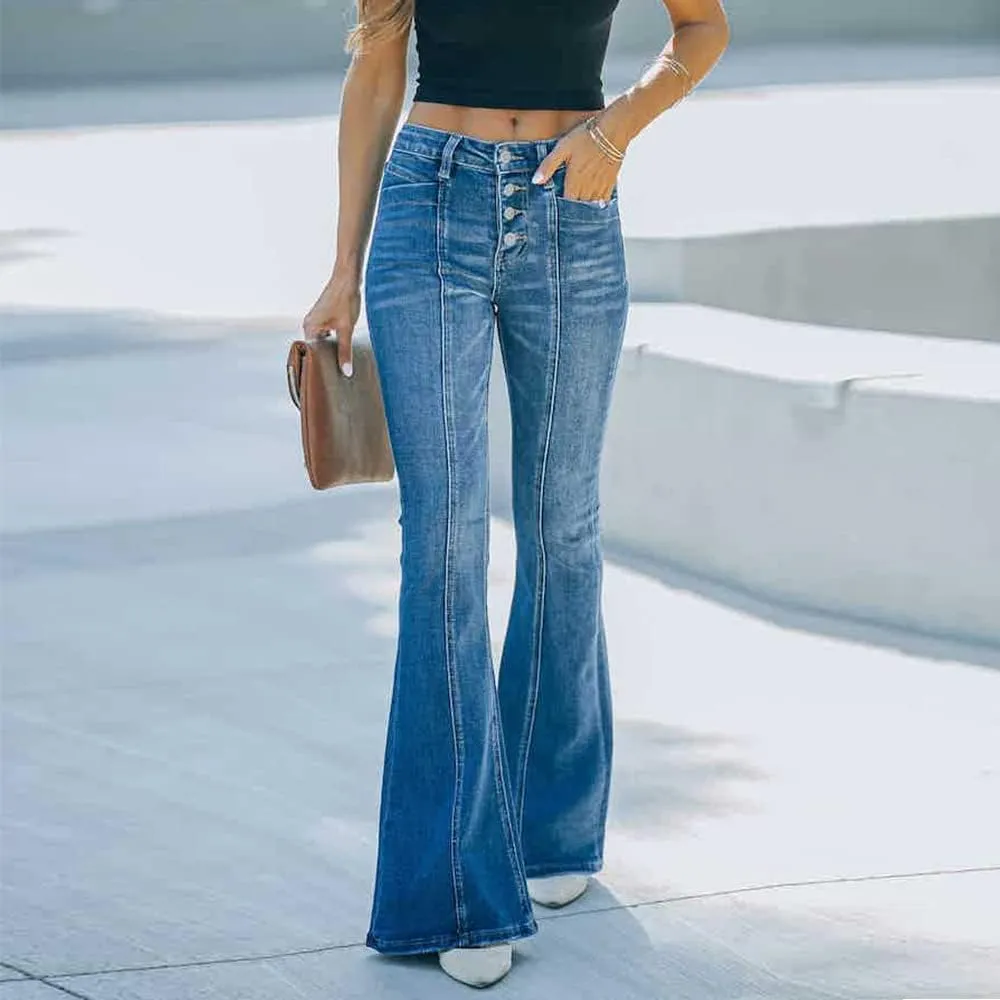 Azuki Flare Pants Ripped Bell Bottom Jeans for Women High Waisted Classic Flared Denim Pants with Pockets