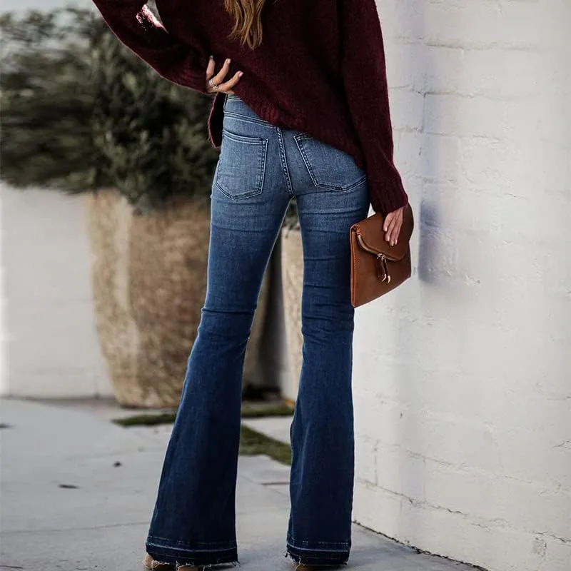 Azuki Flare Pants Ripped Bell Bottom Jeans for Women High Waisted Classic Flared Denim Pants with Pockets
