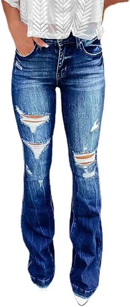 Azuki Flare Pants Ripped Bell Bottom Jeans for Women High Waisted Classic Flared Denim Pants with Pockets