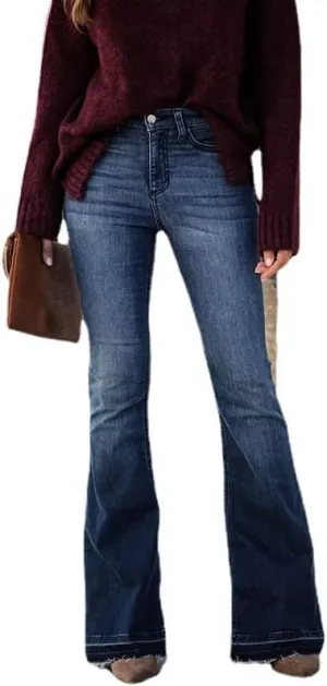 Azuki Flare Pants Ripped Bell Bottom Jeans for Women High Waisted Classic Flared Denim Pants with Pockets