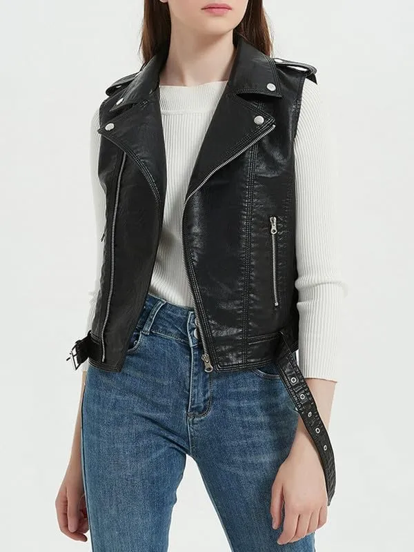 BAIMORE Women's Street Lapel Zip Up PU Leather Moto Biker Sleeveless Vest Jacket with Belt