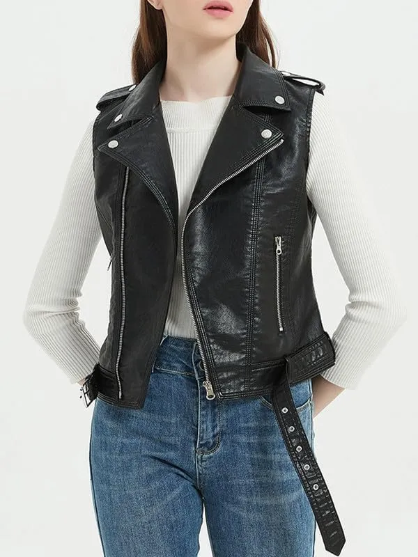 BAIMORE Women's Street Lapel Zip Up PU Leather Moto Biker Sleeveless Vest Jacket with Belt