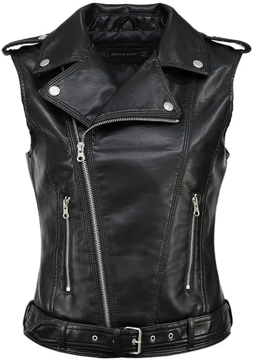 BAIMORE Women's Street Lapel Zip Up PU Leather Moto Biker Sleeveless Vest Jacket with Belt
