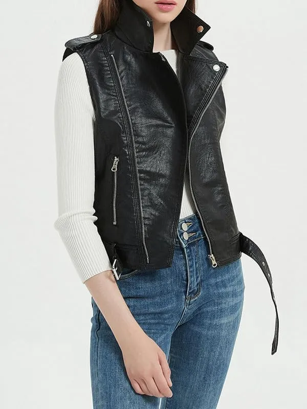 BAIMORE Women's Street Lapel Zip Up PU Leather Moto Biker Sleeveless Vest Jacket with Belt