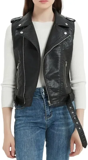 BAIMORE Women's Street Lapel Zip Up PU Leather Moto Biker Sleeveless Vest Jacket with Belt