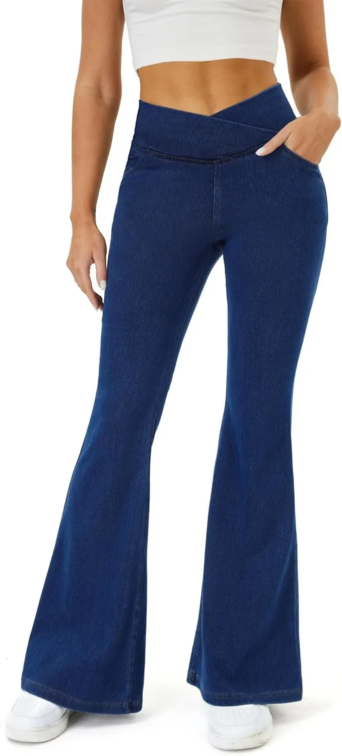 Bell Bottom Jeans for Women Trendy High Waisted Crossover Stretchy Jeans Flare Leggings with Pockets Y2k Jeggings