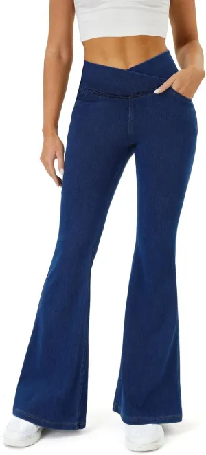 Bell Bottom Jeans for Women Trendy High Waisted Crossover Stretchy Jeans Flare Leggings with Pockets Y2k Jeggings