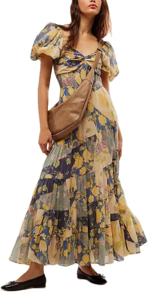 Boho Floral Puff Sleeve Dresses for Women 2024 Y2k Embroidered Flowy Smocked Maxi Dress Square Neck Beach Sundress