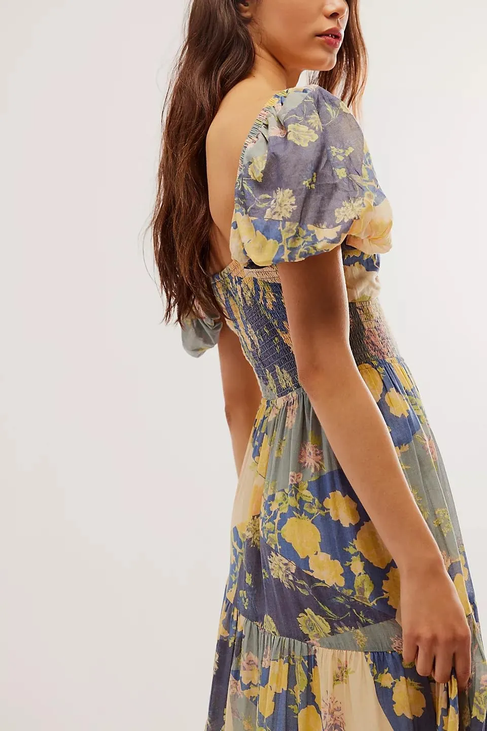 Boho Floral Puff Sleeve Dresses for Women 2024 Y2k Embroidered Flowy Smocked Maxi Dress Square Neck Beach Sundress