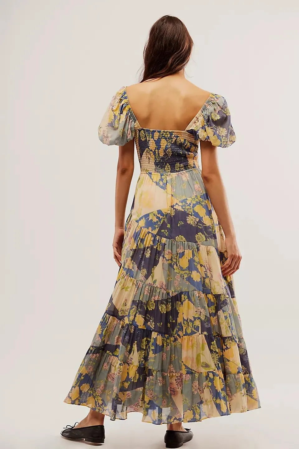 Boho Floral Puff Sleeve Dresses for Women 2024 Y2k Embroidered Flowy Smocked Maxi Dress Square Neck Beach Sundress