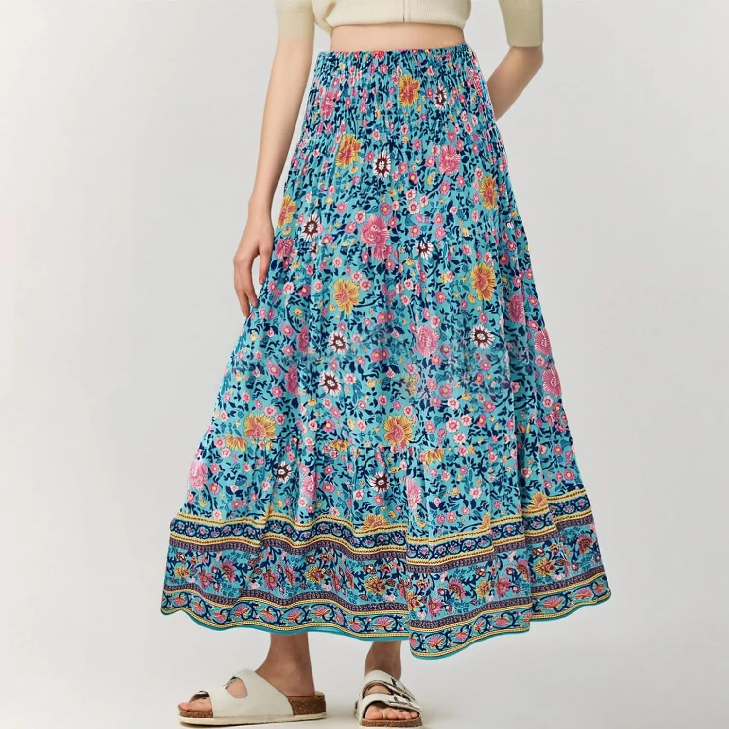 Boho Skirts for Women Vintage Floral Print Maxi Skirt Elastic High Waist Pleated Flowy Ruffle Beach Skirt