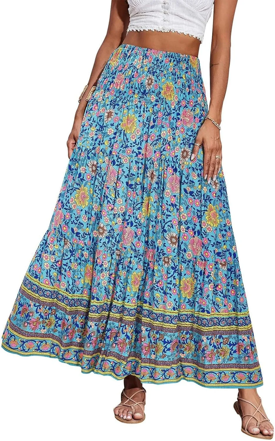 Boho Skirts for Women Vintage Floral Print Maxi Skirt Elastic High Waist Pleated Flowy Ruffle Beach Skirt