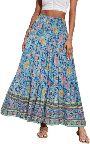Boho Skirts for Women Vintage Floral Print Maxi Skirt Elastic High Waist Pleated Flowy Ruffle Beach Skirt