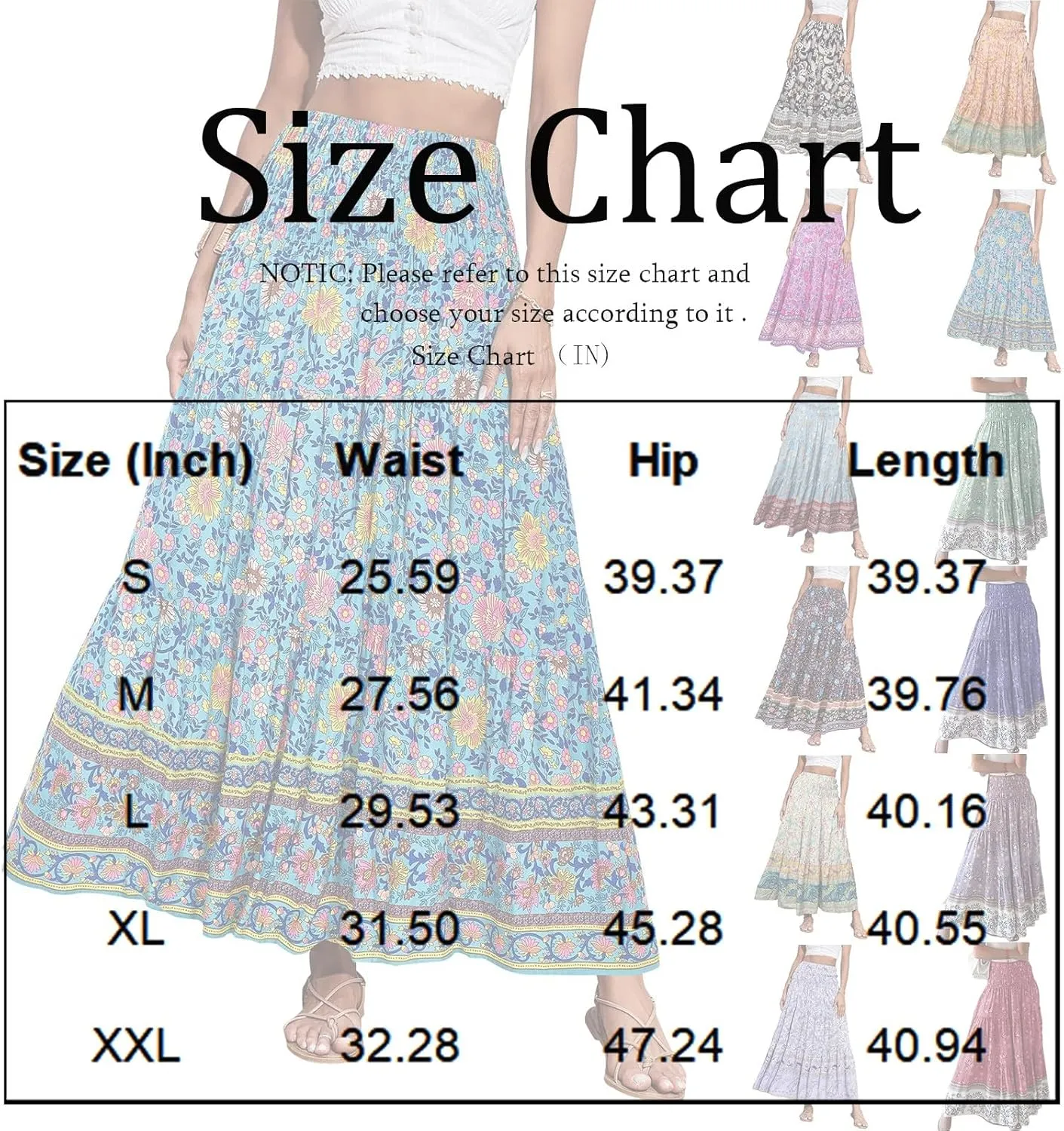 Boho Skirts for Women Vintage Floral Print Maxi Skirt Elastic High Waist Pleated Flowy Ruffle Beach Skirt