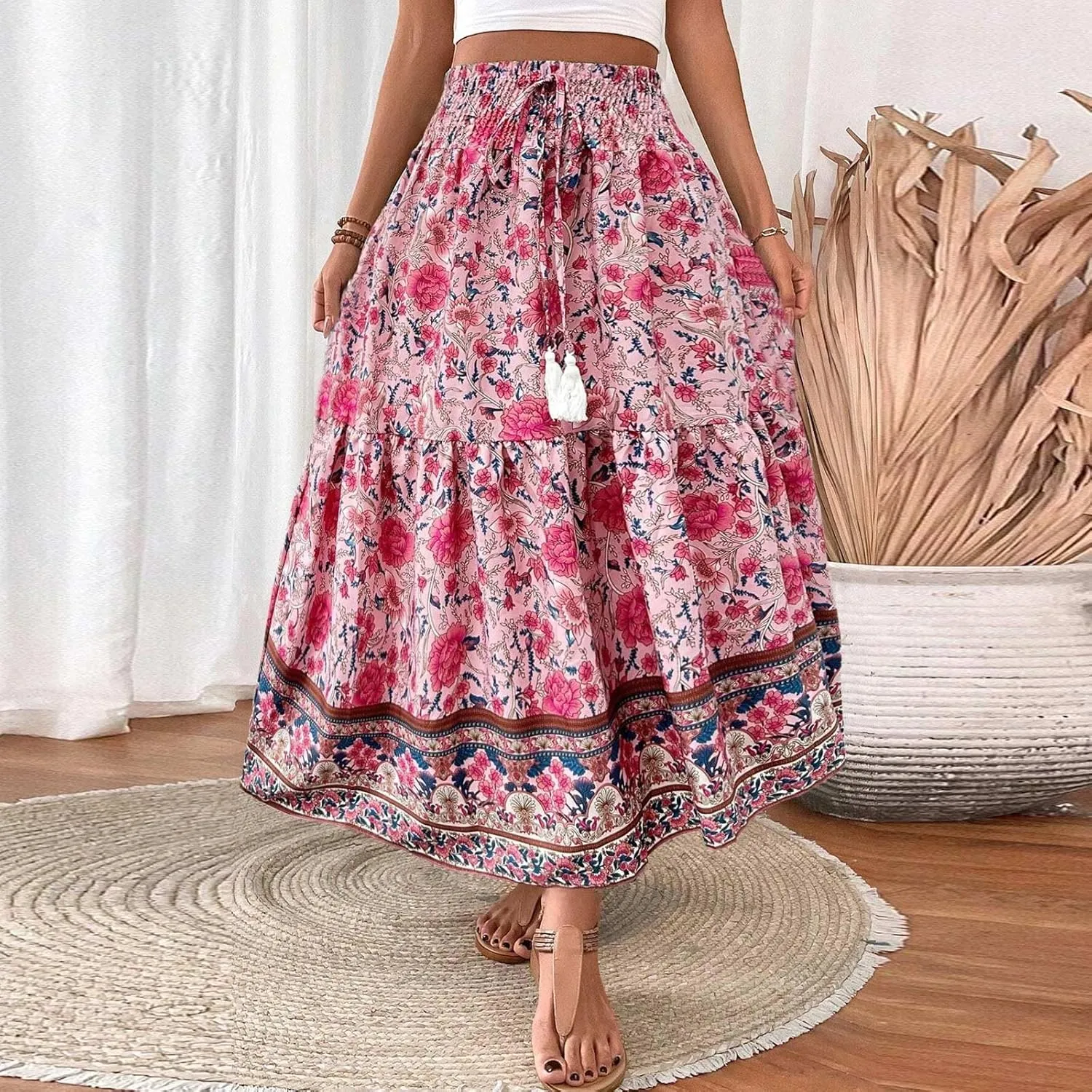 Boho Skirts for Women Vintage Floral Print Maxi Skirt Elastic High Waist Pleated Flowy Ruffle Swing Tiered Beach Skirt