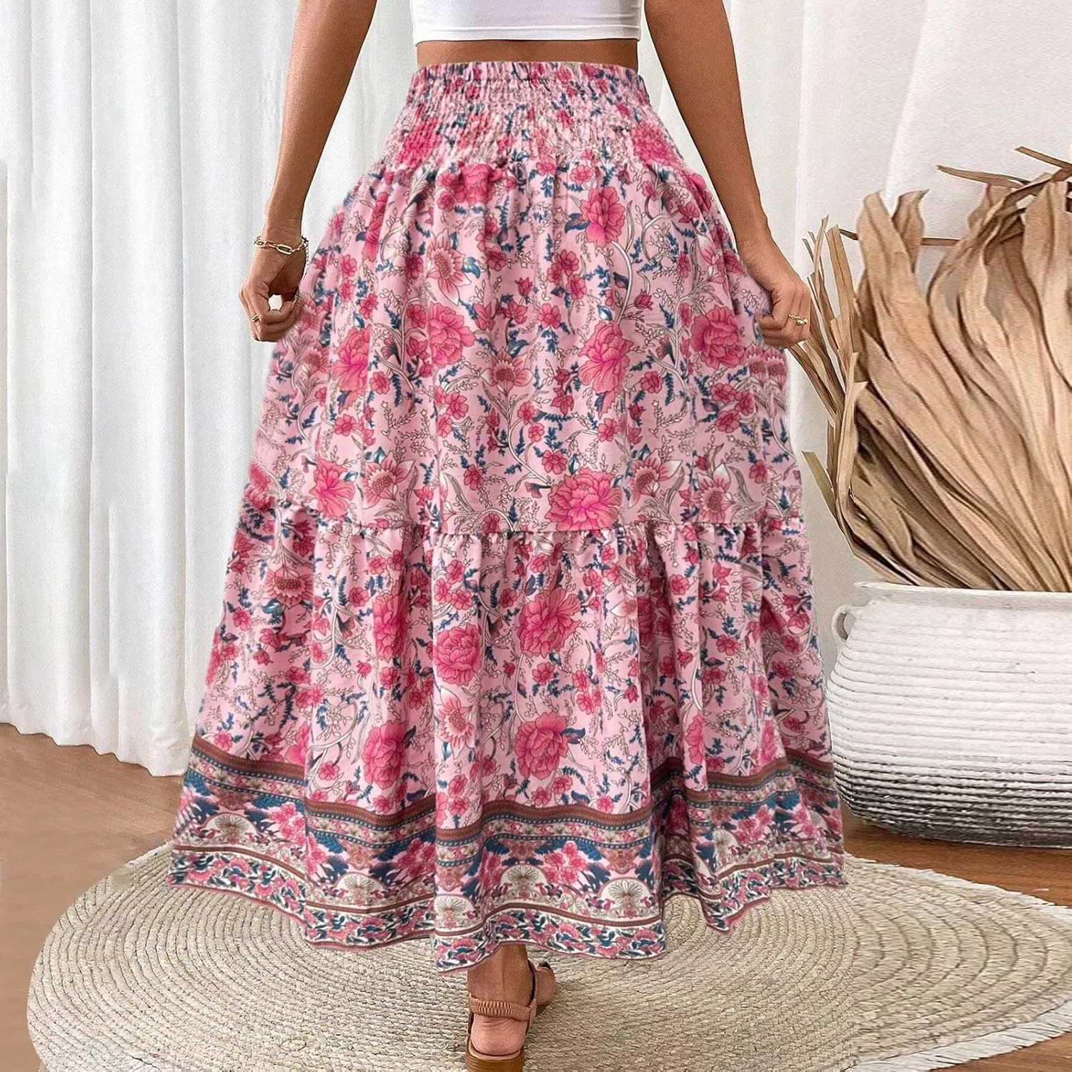Boho Skirts for Women Vintage Floral Print Maxi Skirt Elastic High Waist Pleated Flowy Ruffle Swing Tiered Beach Skirt
