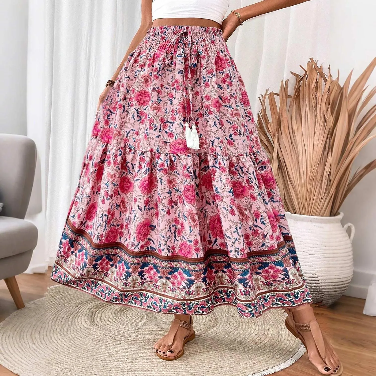 Boho Skirts for Women Vintage Floral Print Maxi Skirt Elastic High Waist Pleated Flowy Ruffle Swing Tiered Beach Skirt