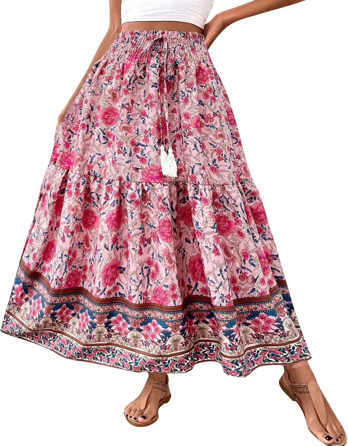Boho Skirts for Women Vintage Floral Print Maxi Skirt Elastic High Waist Pleated Flowy Ruffle Swing Tiered Beach Skirt
