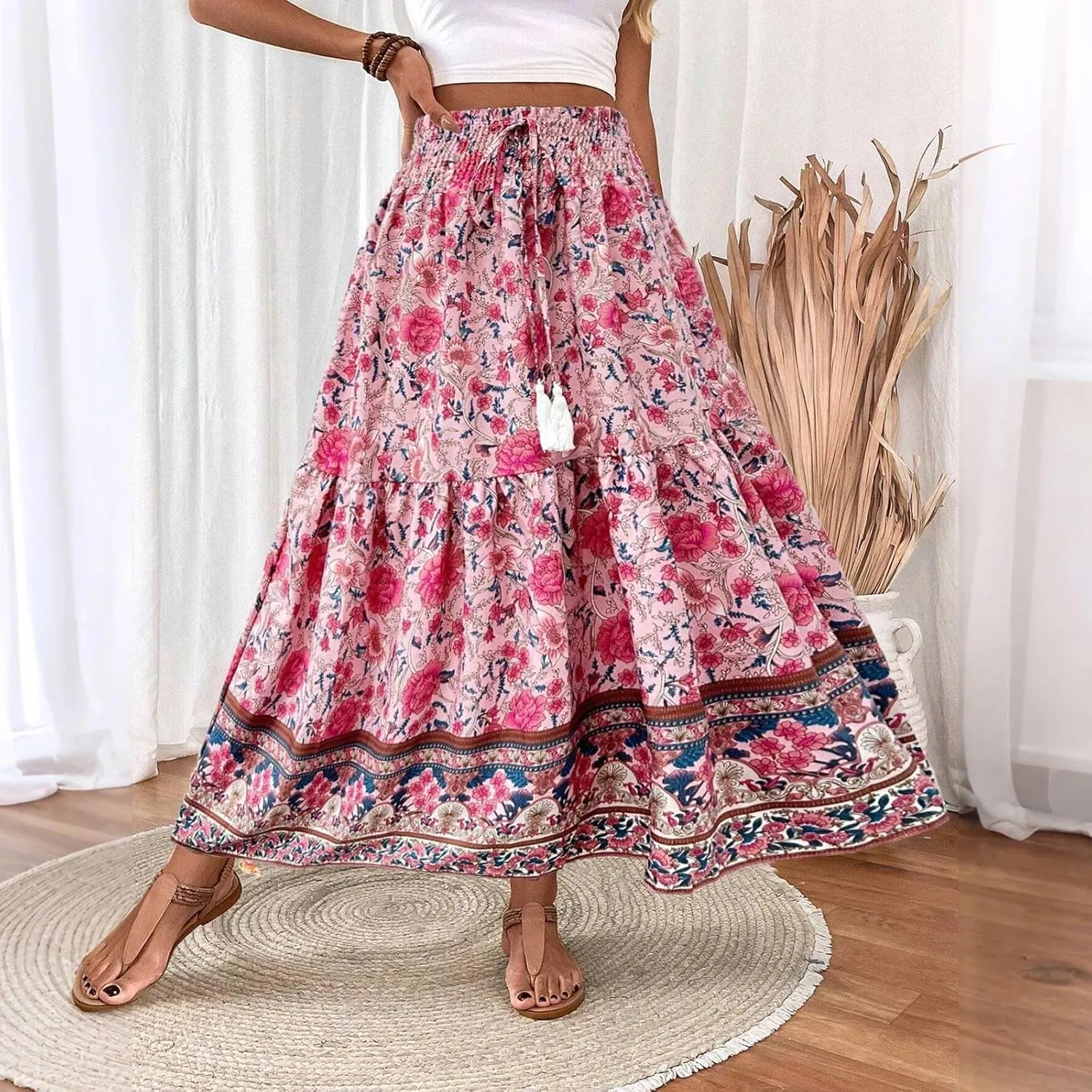 Boho Skirts for Women Vintage Floral Print Maxi Skirt Elastic High Waist Pleated Flowy Ruffle Swing Tiered Beach Skirt