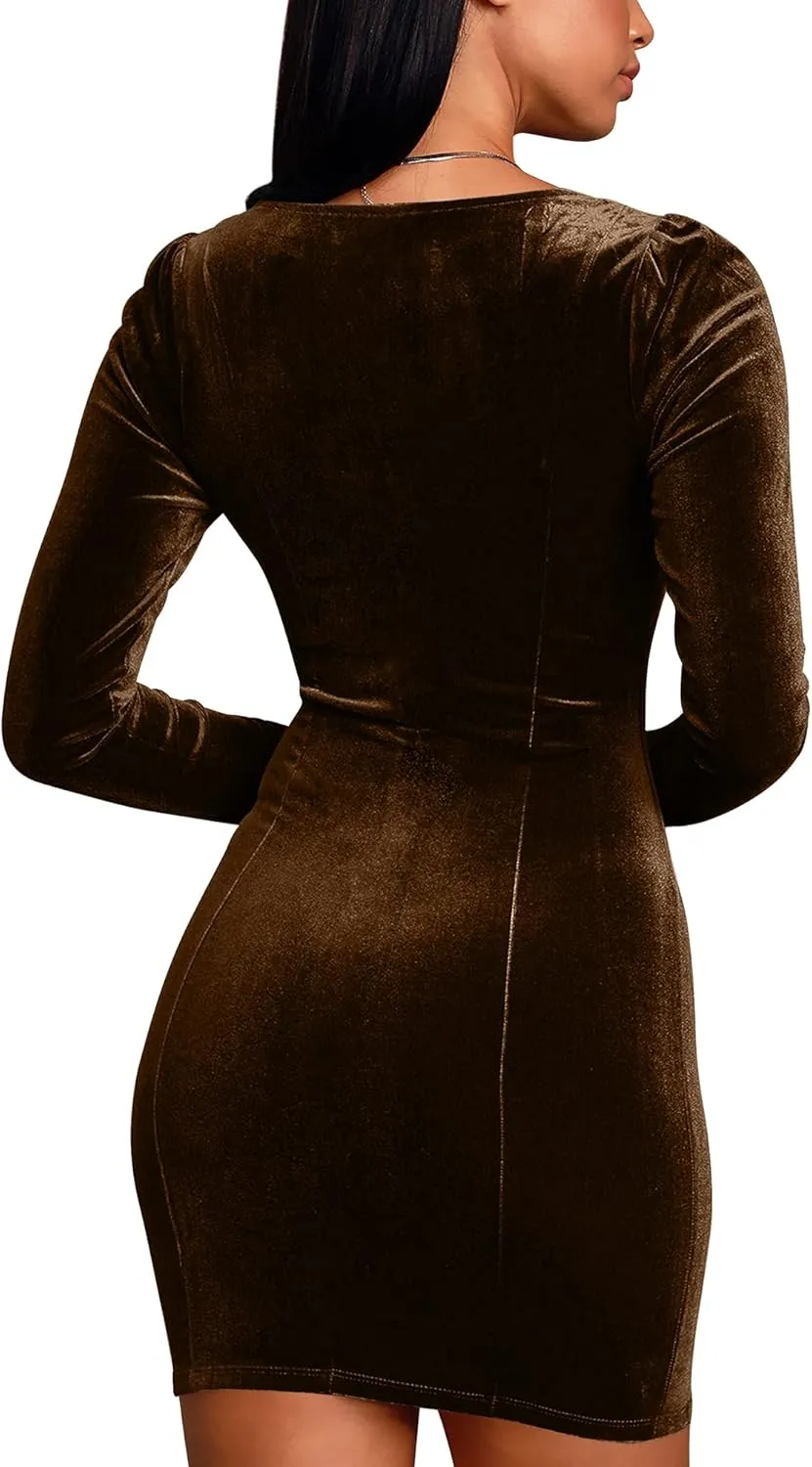 cailami Women's Sexy Bodycon Long Sleeve Velvet Elegant Mini Homecoming Party Dresses