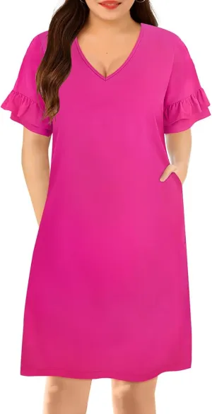 CARCOS Womens Plus Size Dress Ruffled Sleeves V Neck Hot Pink Bell Sleeve Shift Dresses A Line Dress Elegant Spring Summer Holiday Dresses 5X 26W 28W