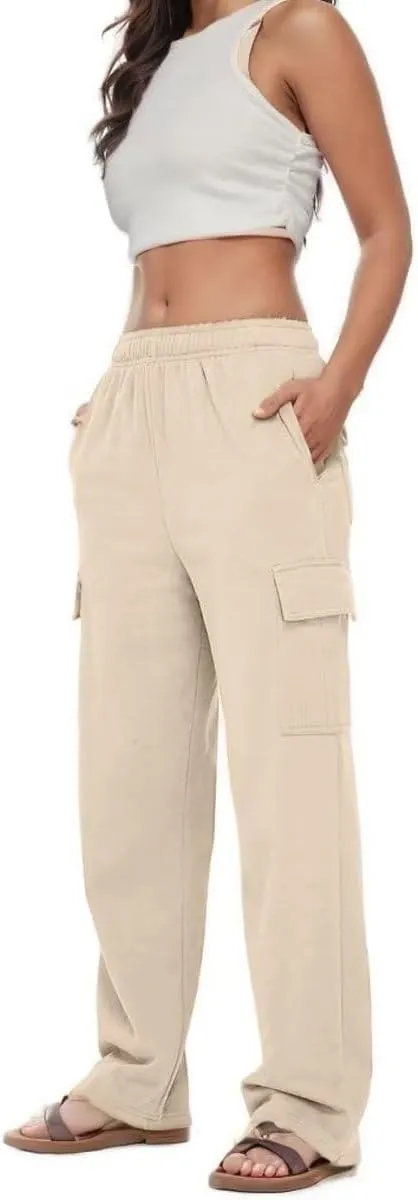 Cargo Sweatpants Women Oversized Wide Leg Fleece Elastic High Waist Lounge Pant Athletic Lounge Trousers with Pockets