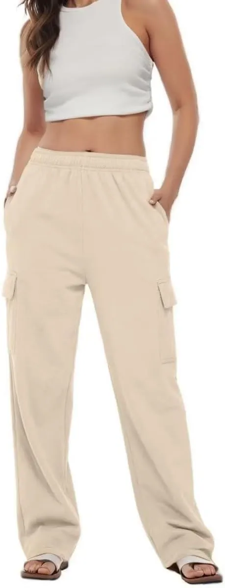 Cargo Sweatpants Women Oversized Wide Leg Fleece Elastic High Waist Lounge Pant Athletic Lounge Trousers with Pockets