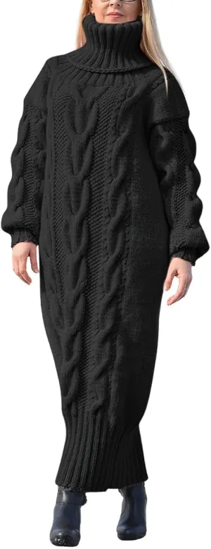 chouyatou Women's Chunky Turtleneck Sweater Dress Cable Knit Maxi Long Pullover Sweater Dress
