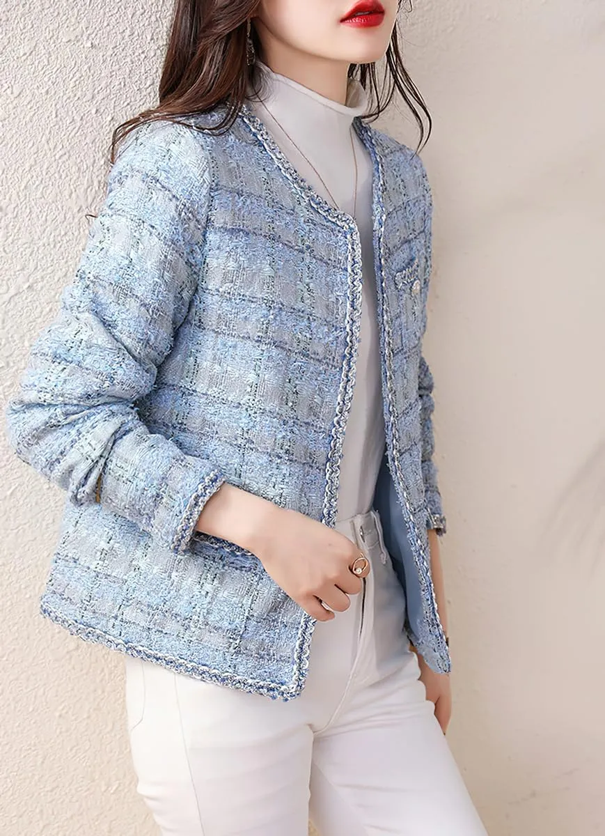 chouyatou Women's Elegant Open Front Tweed Jacket Slim Collarless Bussiness Casual Blazer Jacket