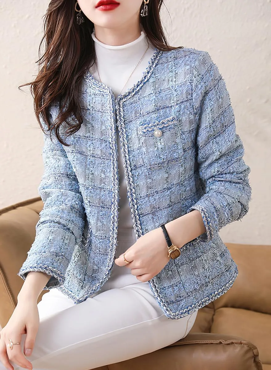 chouyatou Women's Elegant Open Front Tweed Jacket Slim Collarless Bussiness Casual Blazer Jacket