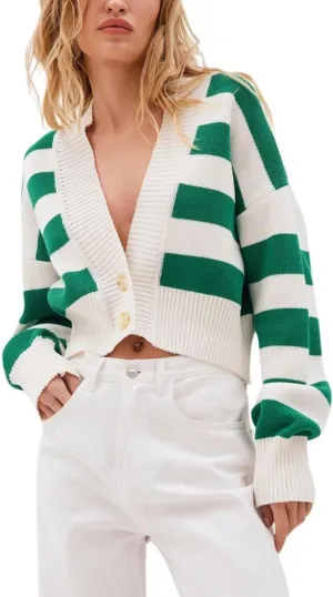 chouyatou Women's V-Neck Button Down Striped Cardigan Sweater Fall Cute Knit Crop Cardigan Top
