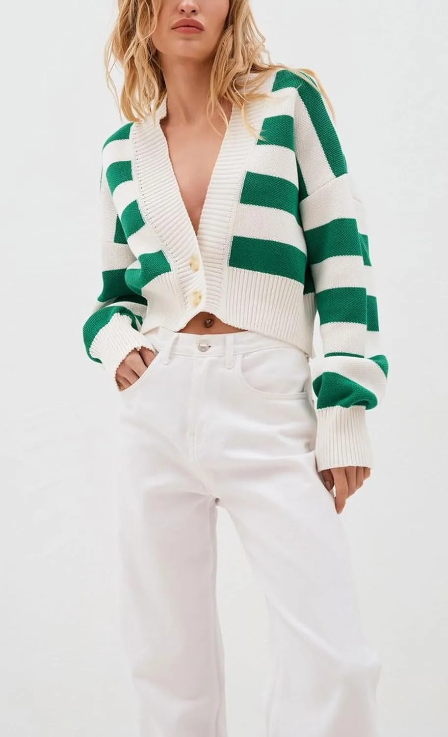 chouyatou Women's V-Neck Button Down Striped Cardigan Sweater Fall Cute Knit Crop Cardigan Top