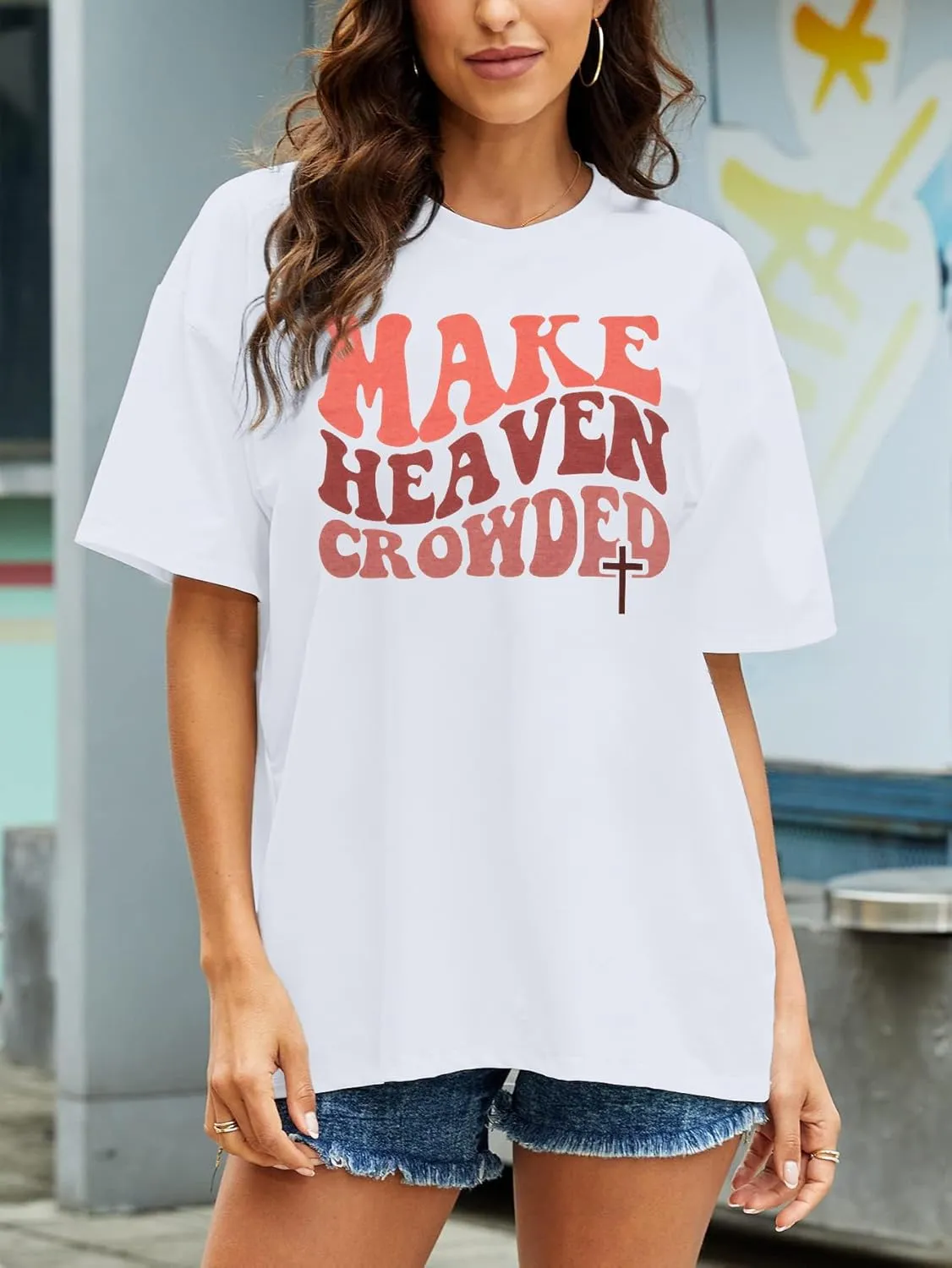 Christian Shirt Women Make Heaven Crowded T-shirt Oversized Inspirational Graphic Tee Short Sleeve Top