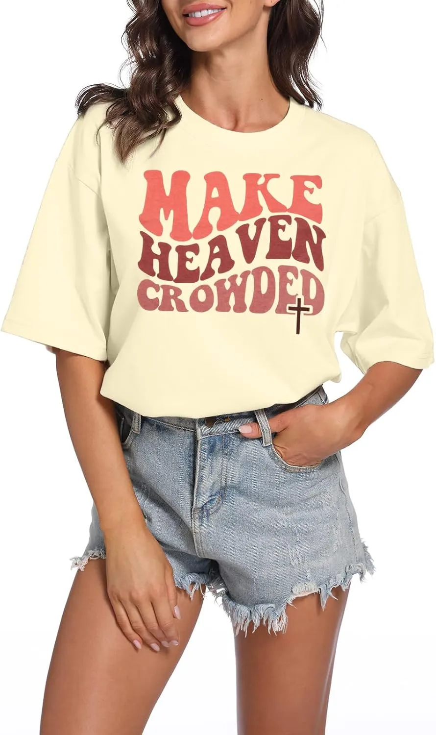 Christian Shirt Women Make Heaven Crowded T-shirt Oversized Inspirational Graphic Tee Short Sleeve Top