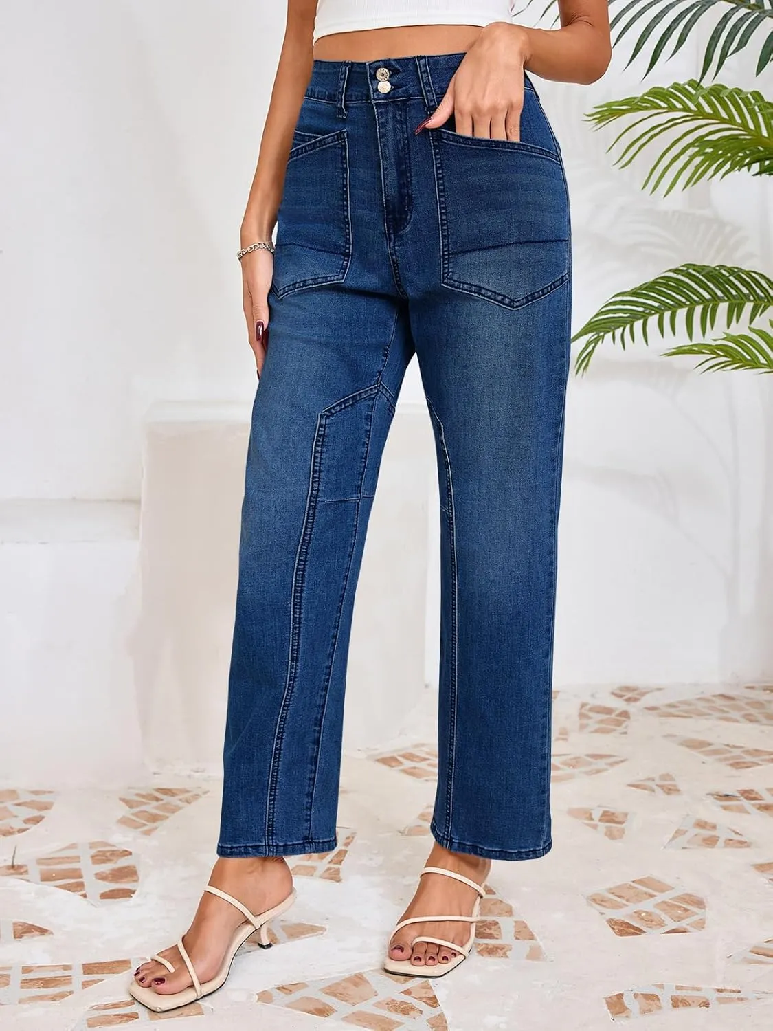 Cicy Bell Womens Baggy Straight Leg Jeans High Waisted Barrel Boyfriend Button Stretchy Trendy Denim Pants
