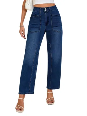 Cicy Bell Womens Baggy Straight Leg Jeans High Waisted Barrel Boyfriend Button Stretchy Trendy Denim Pants