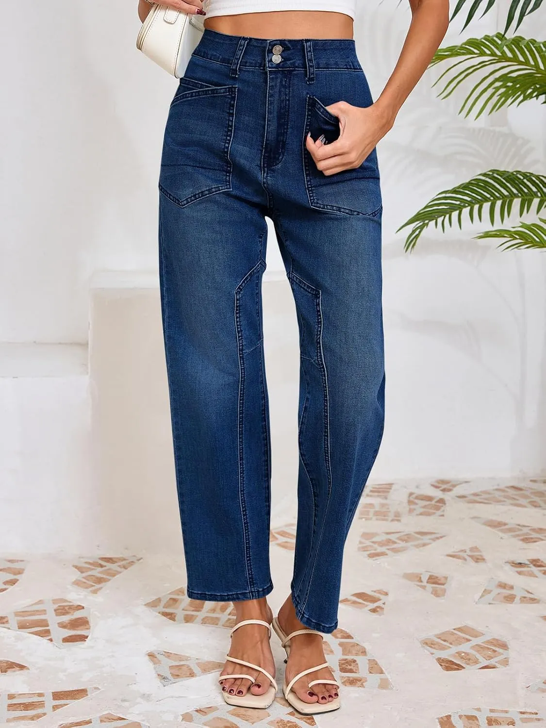 Cicy Bell Womens Baggy Straight Leg Jeans High Waisted Barrel Boyfriend Button Stretchy Trendy Denim Pants