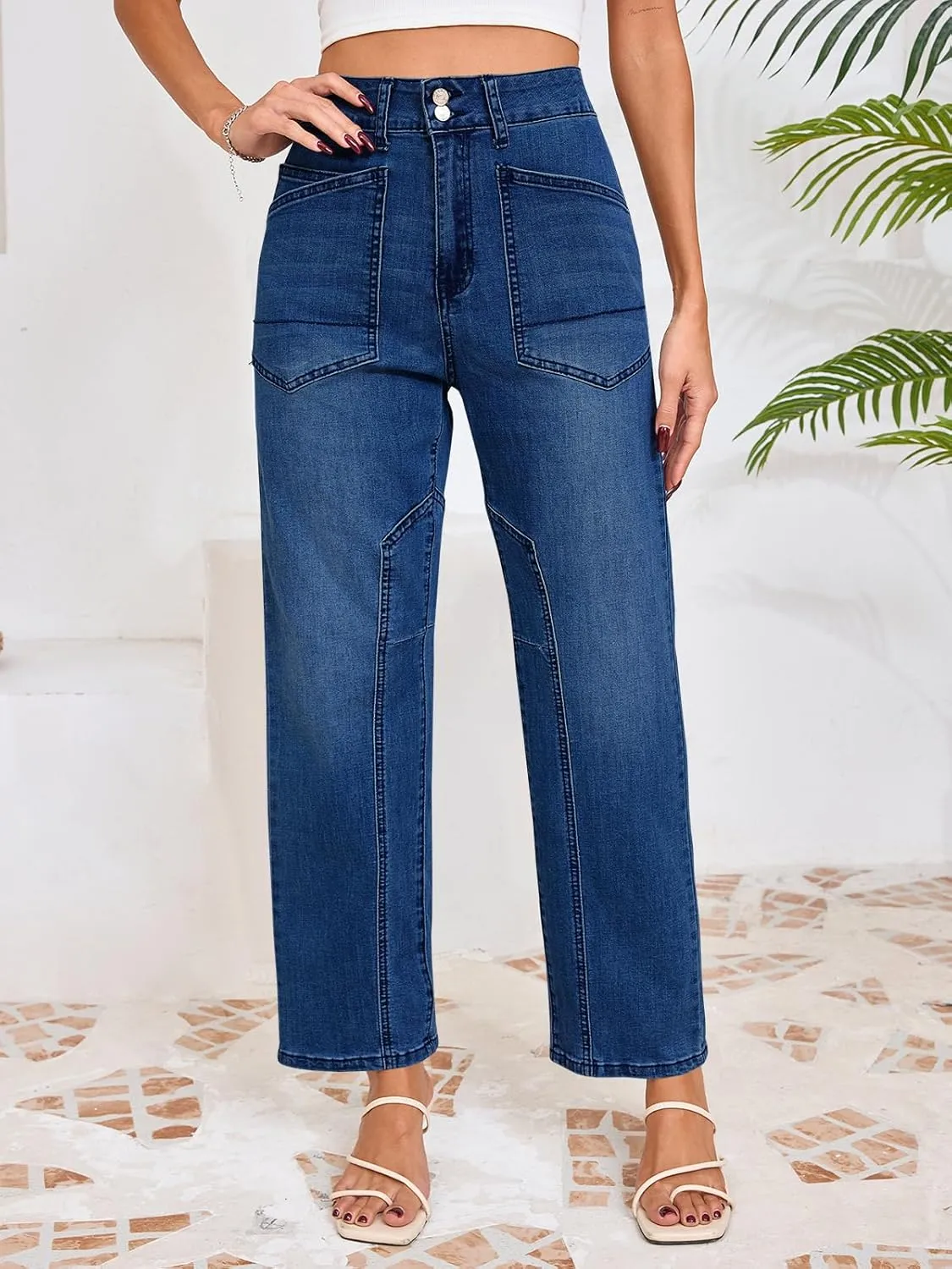 Cicy Bell Womens Baggy Straight Leg Jeans High Waisted Barrel Boyfriend Button Stretchy Trendy Denim Pants