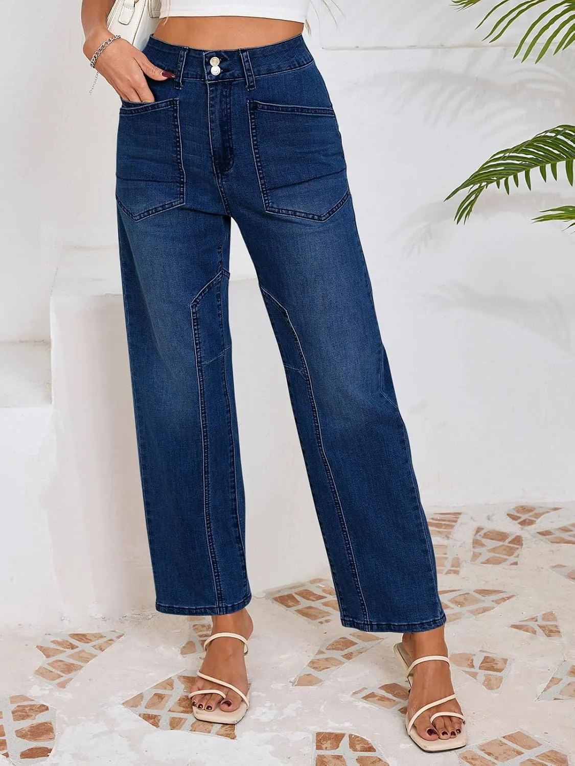 Cicy Bell Womens Baggy Straight Leg Jeans High Waisted Barrel Boyfriend Button Stretchy Trendy Denim Pants