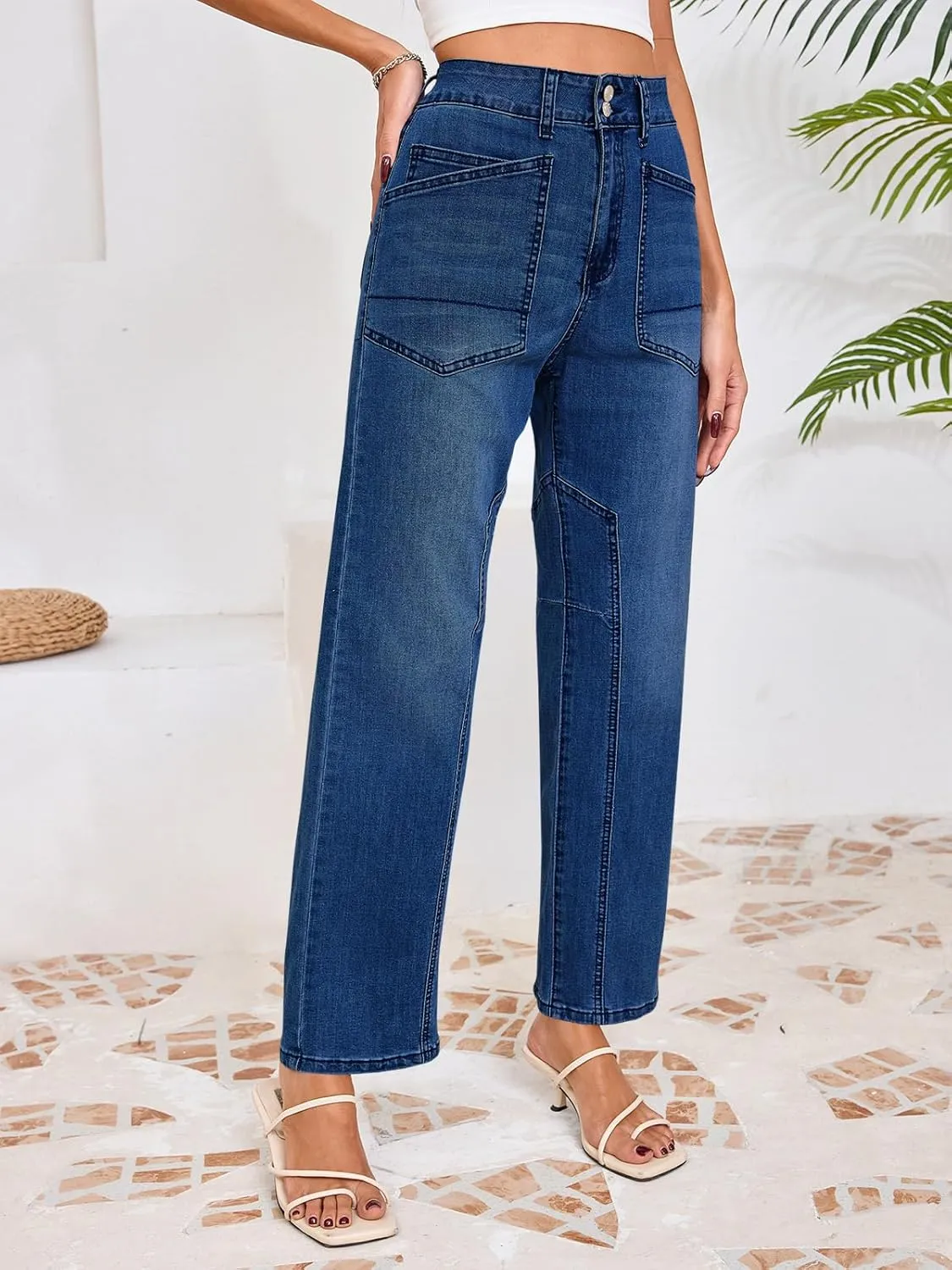 Cicy Bell Womens Baggy Straight Leg Jeans High Waisted Barrel Boyfriend Button Stretchy Trendy Denim Pants