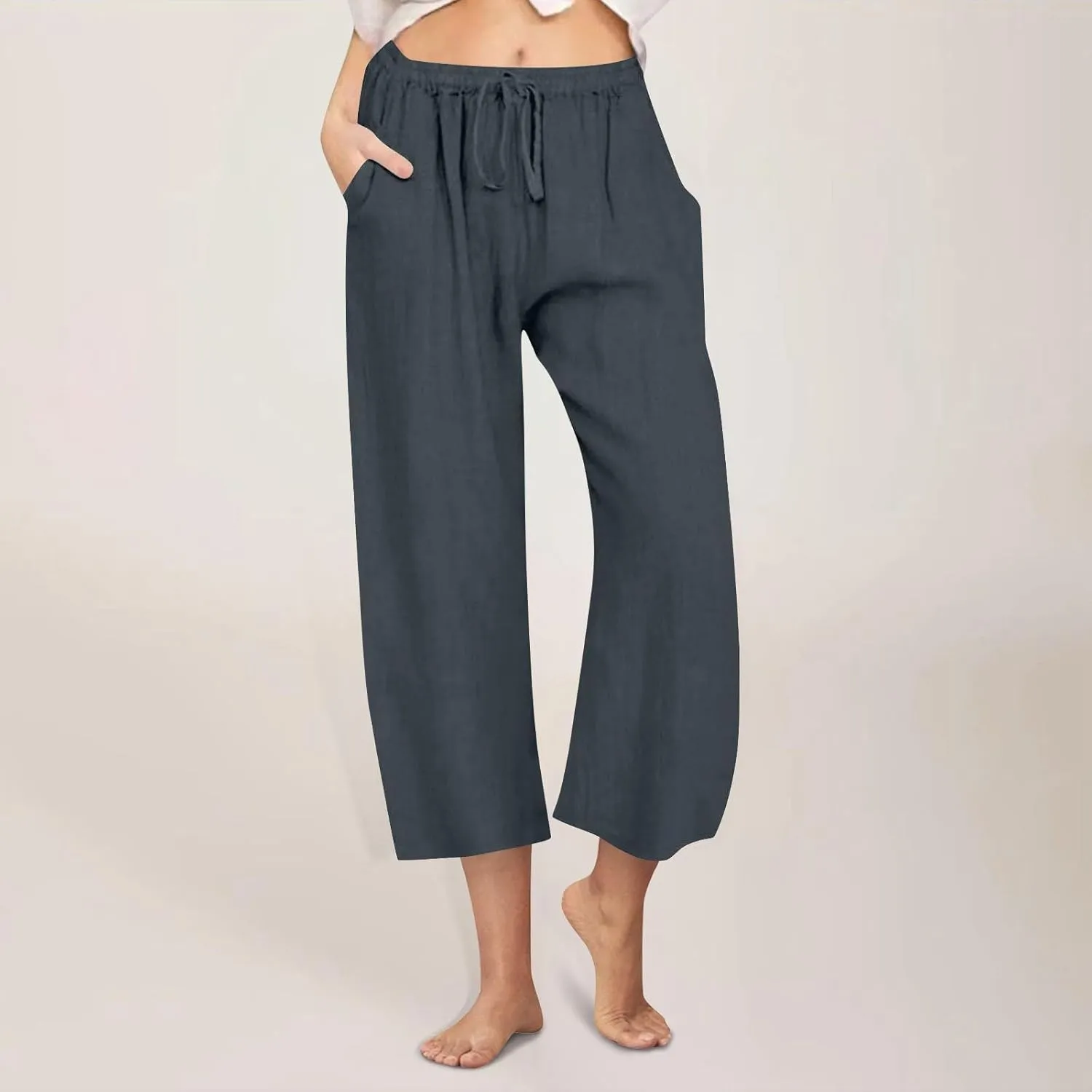 Cotton Linen Pants for Women Summer Lounge Drawstring Elastic Waist Trousers 2025 Casual Comfy Wide Leg Cropped Pants