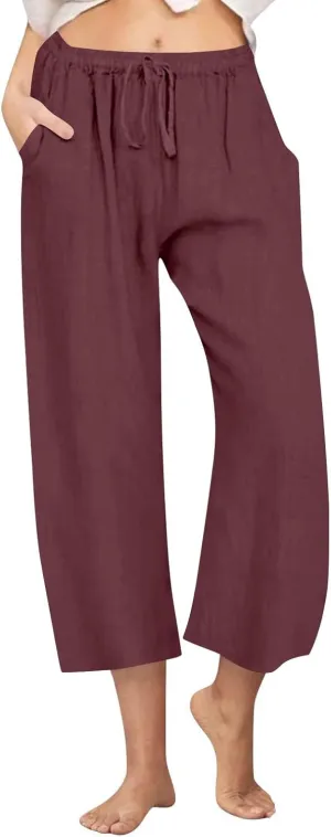 Cotton Linen Pants for Women Summer Lounge Drawstring Elastic Waist Trousers 2025 Casual Comfy Wide Leg Cropped Pants